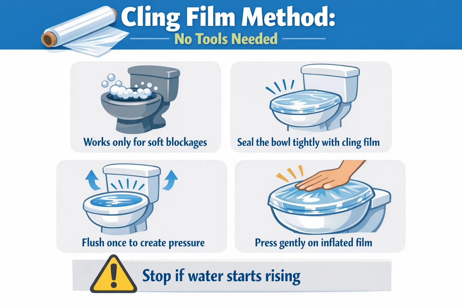 Cling film method to unblock a toilet