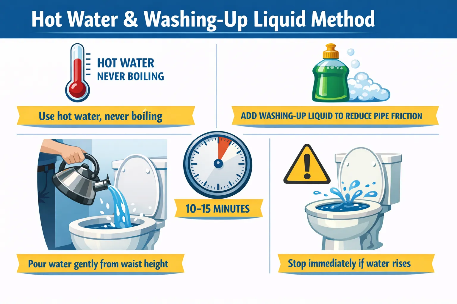 Hot water and washing-up liquid toilet method