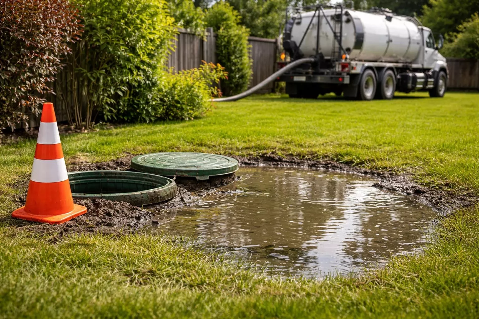Septic Tank Overflowing in Yard septic tank overflowing in yard with wastewater pooling